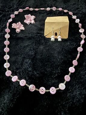 Pastel Pink Kawaii Vintage Button Mushroom Flower Jewelry Set Necklace Earrings